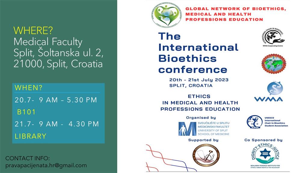 20. i 21. srpnja 2023. Medicinskom fakultetu održava se svjetska konferencija bioetike
